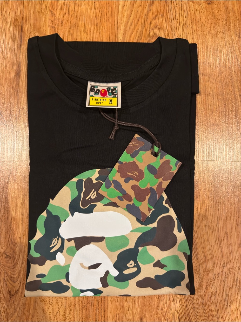 Bape Black Tee with Multicolor Green Brown Camo Ape Graphic
